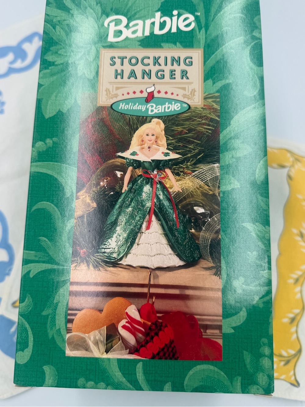 Barbie Green and White Holiday Stocking Hanger with Red Ribbon